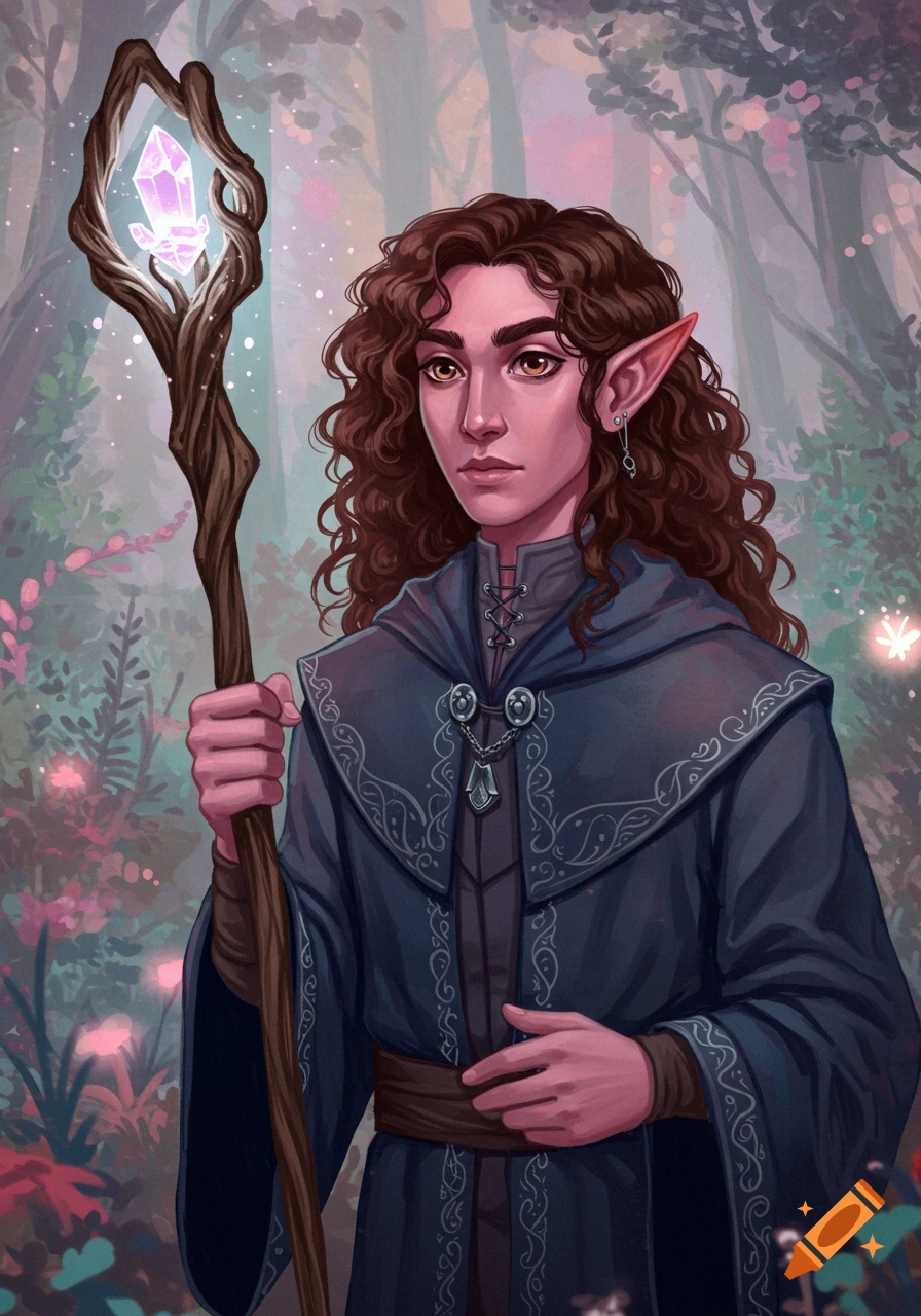 An elf wizard with curly brown hair and pointy ears, holding a staff with a glowing crystal in a forest.