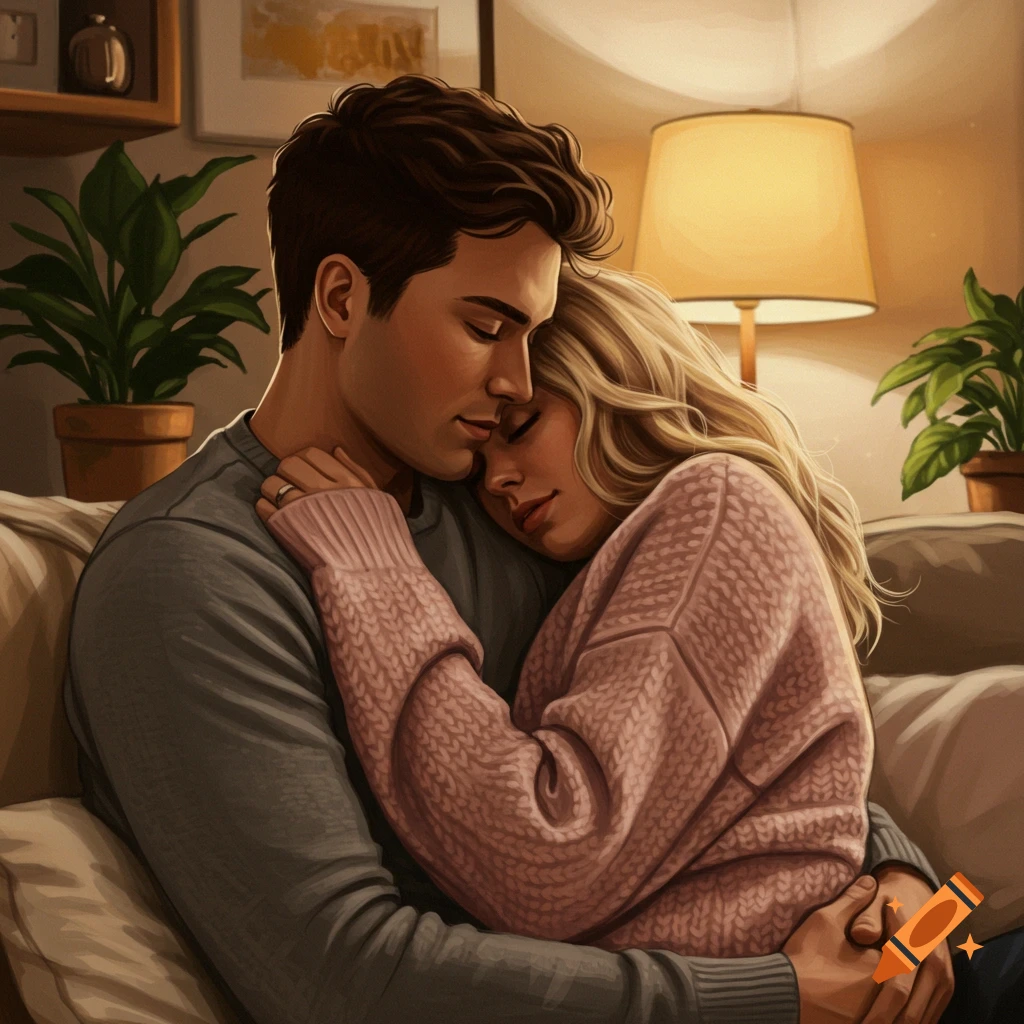 A couple cuddling on a couch.