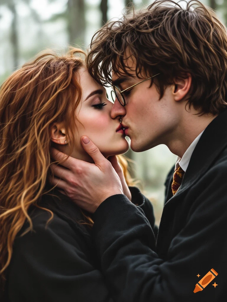 A close-up photo of a couple kissing in a forest setting.