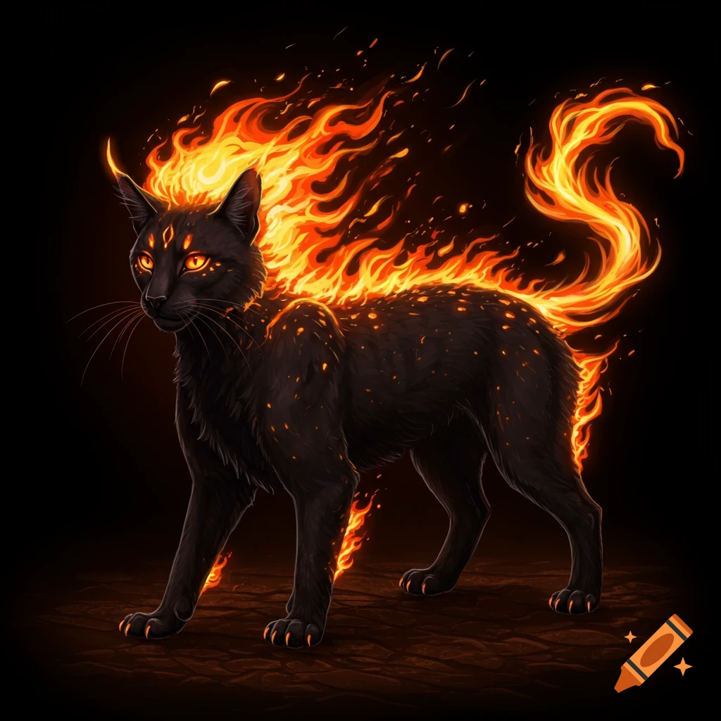 A black cat with fire covering its back and head stands against a dark background.