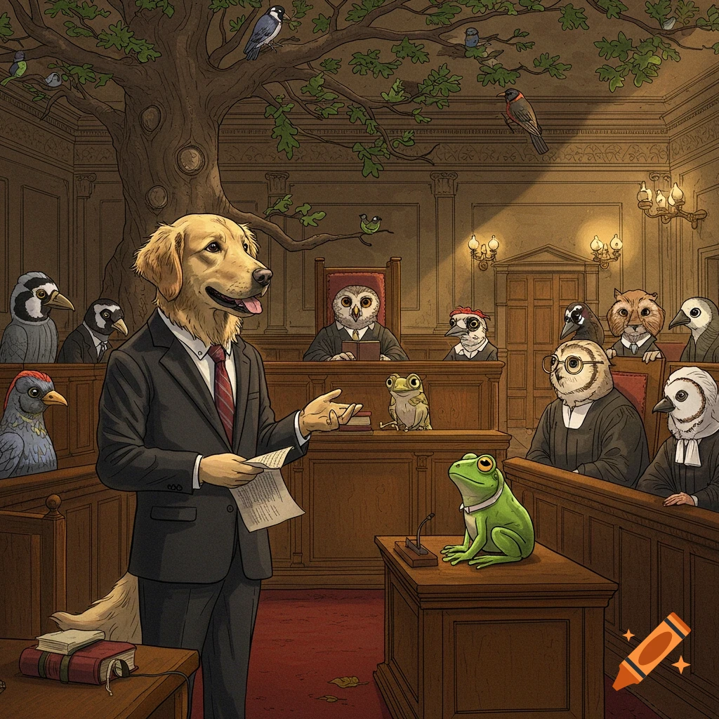 A golden retriever in a suit acts as a lawyer defending a frog in a courtroom filled with various bird and animal jurors and judges.