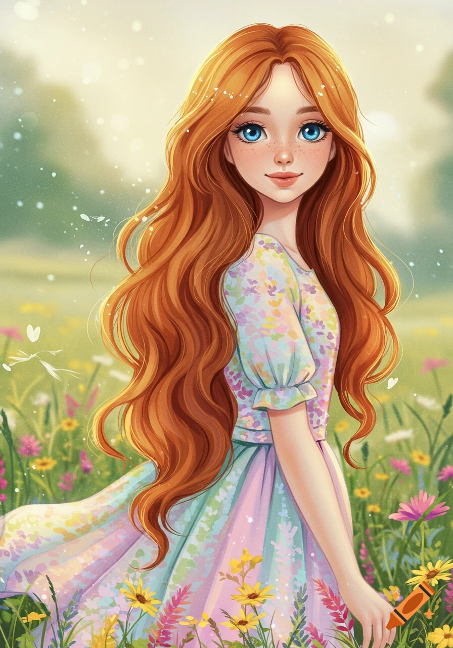 A girl with long red hair and blue eyes in a floral dress stands in a flower field.