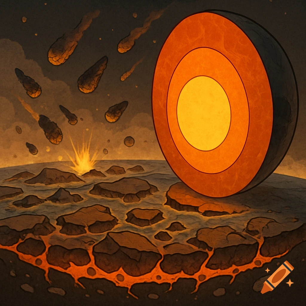 Illustration of early Earth formation showing layers, meteors, lava, and rocky surface.