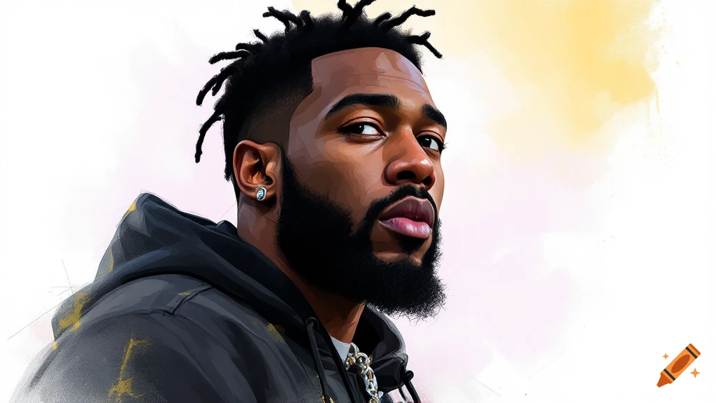 Stylized portrait of a man looking over his shoulder, wearing a hoodie and chain