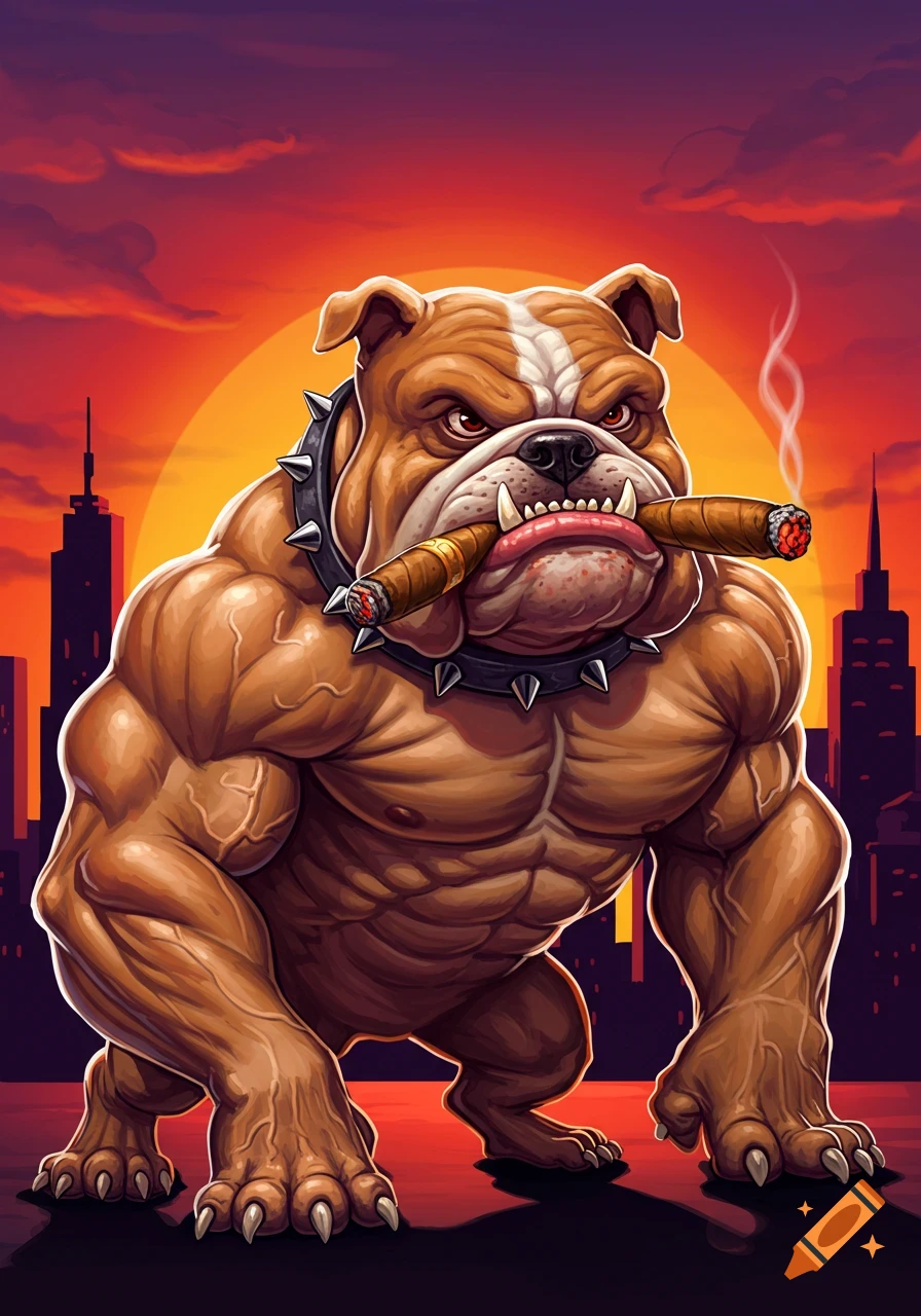 Muscular bulldog with cigars in mouth stands before city skyline at sunset.