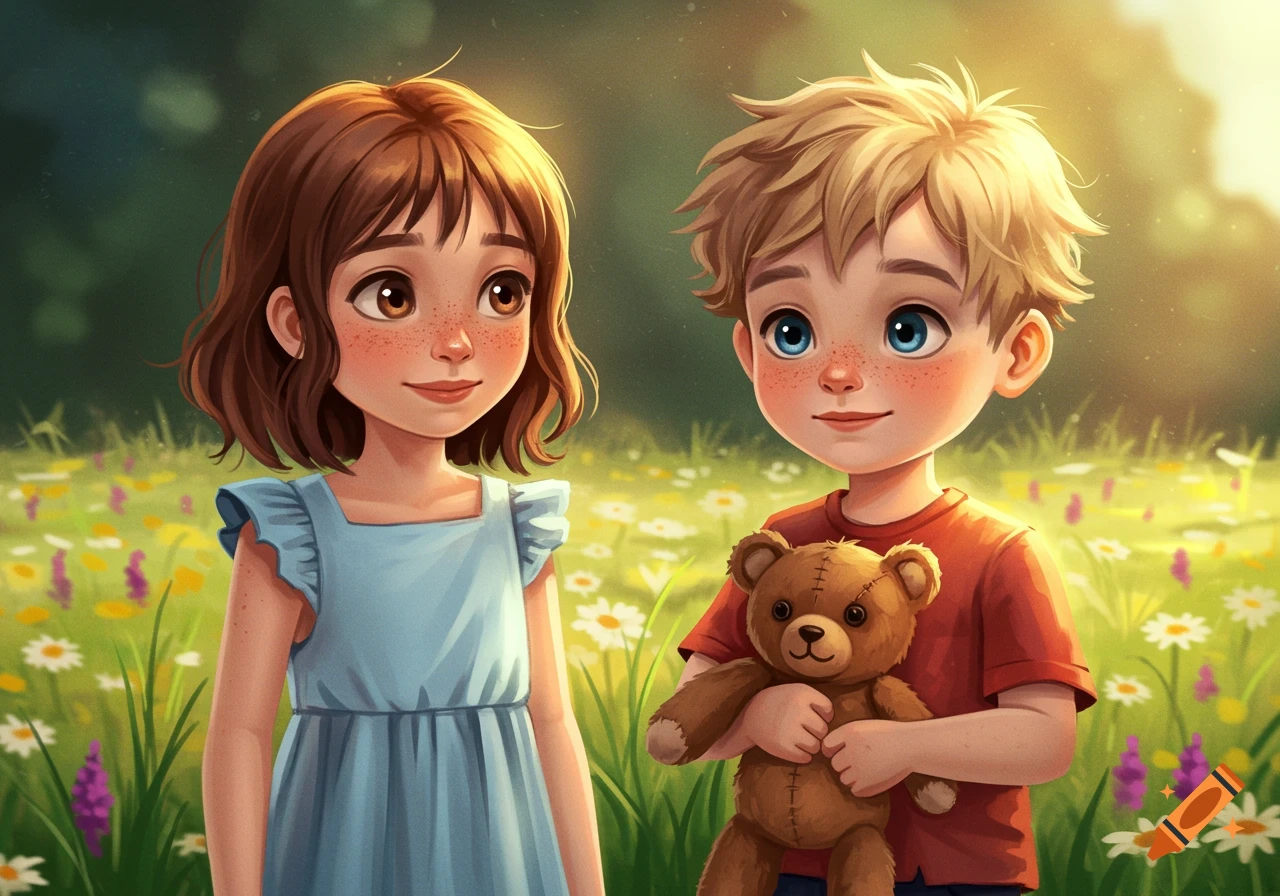 Two children in a meadow, a girl and a boy holding a teddy bear.