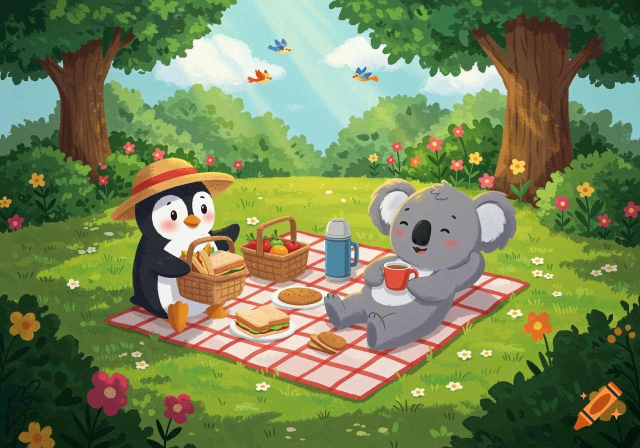 A whimsical cartoon penguin and koala bear have a picnic in a park, with trees, flowers, and birds. The penguin holds sandwiches.