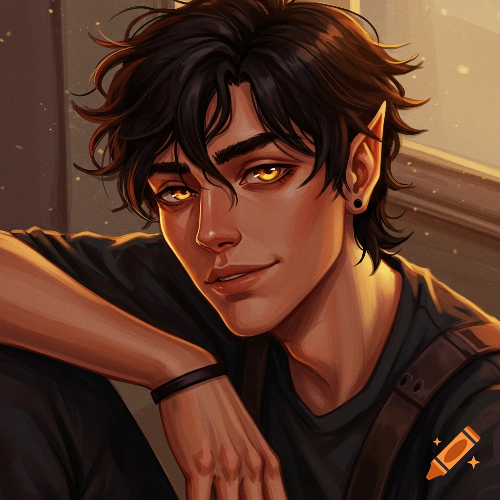 Portrait of a young man with dark messy hair, glowing golden eyes, and pointed ears, in warm lighting.