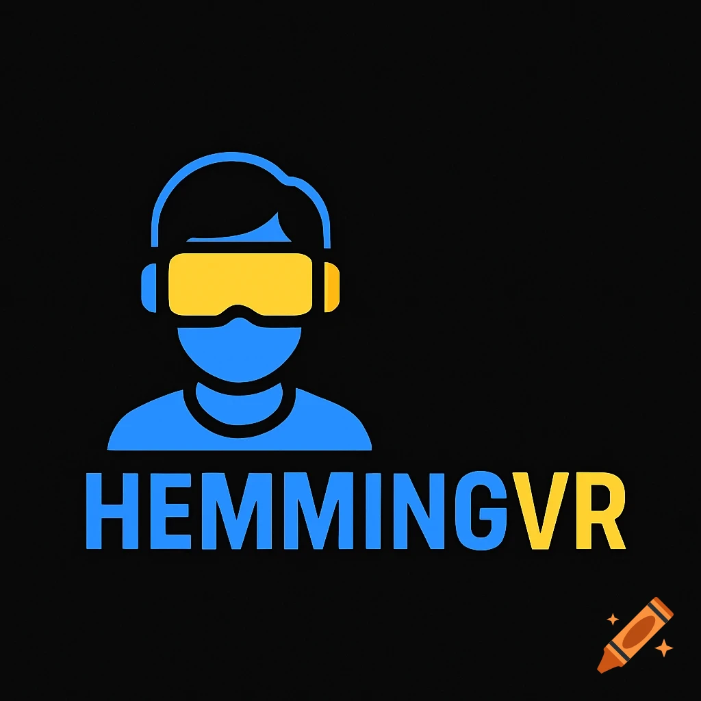 Stylized blue icon of a person wearing a yellow VR headset, with the text HEMMINGVR below.