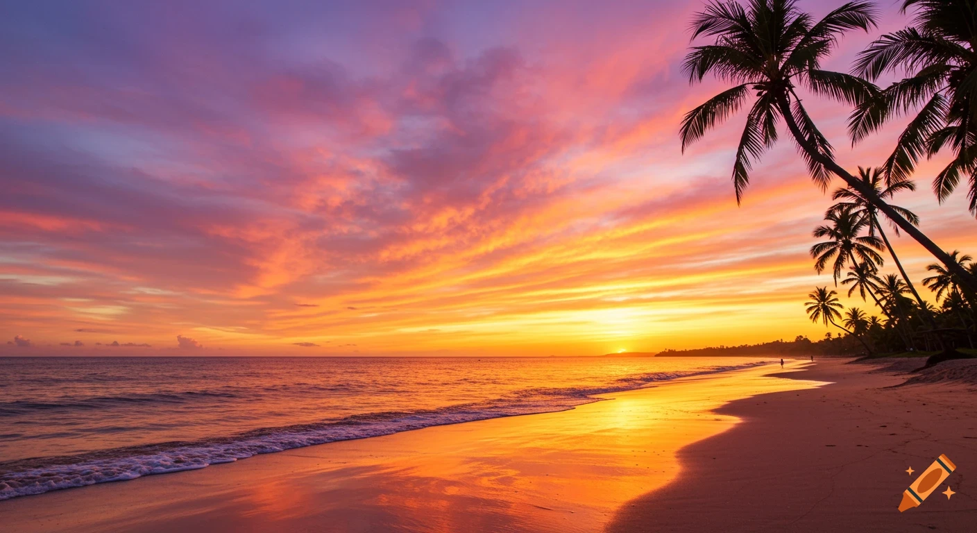 Photorealistic beach sunset with palm trees