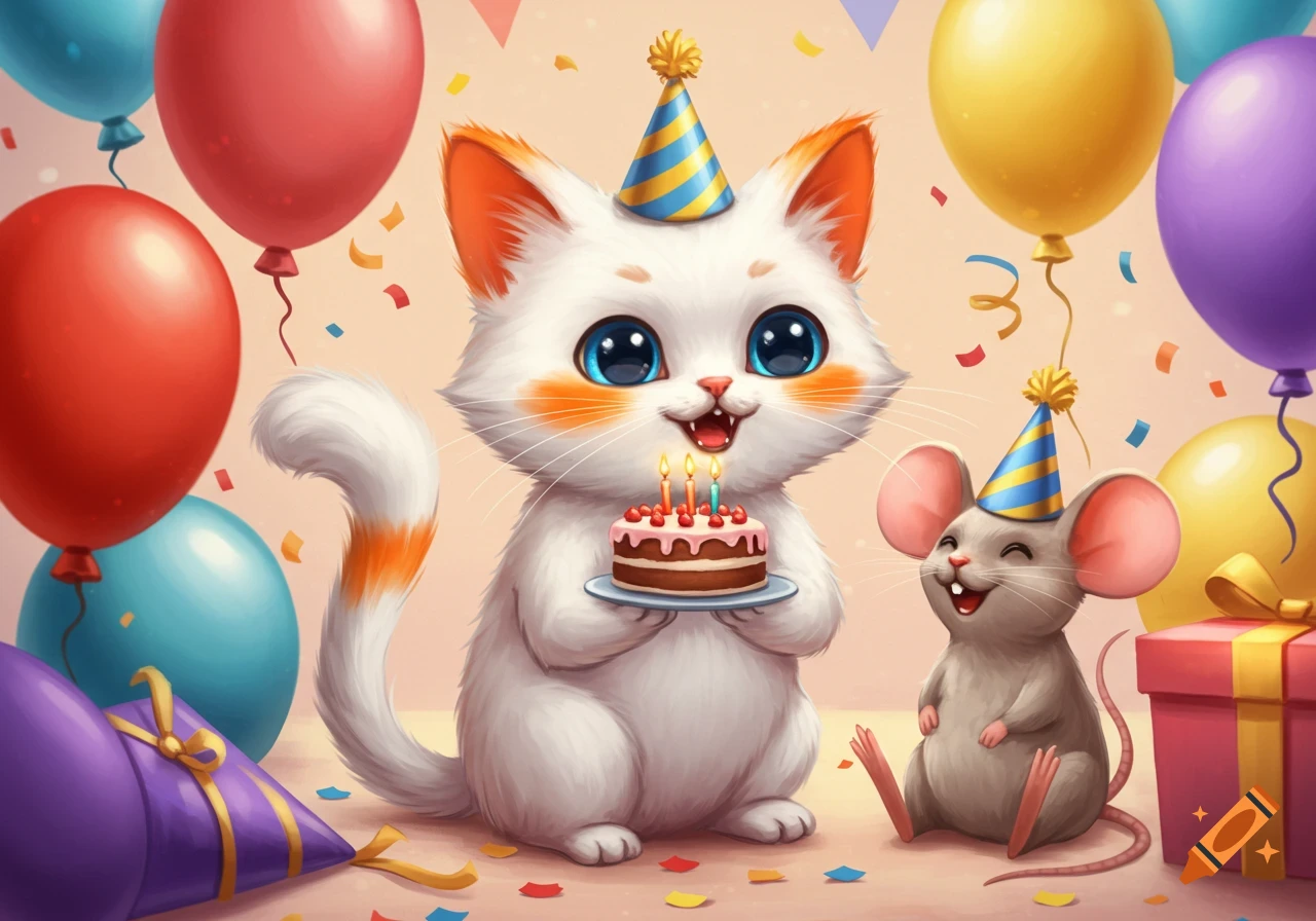 Cute cartoon cat and mouse with party hats celebrating birthday with cake and balloons.