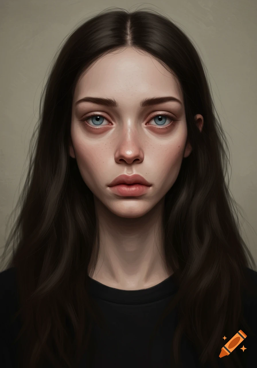Realistic portrait of a young woman with dark hair and blue eyes