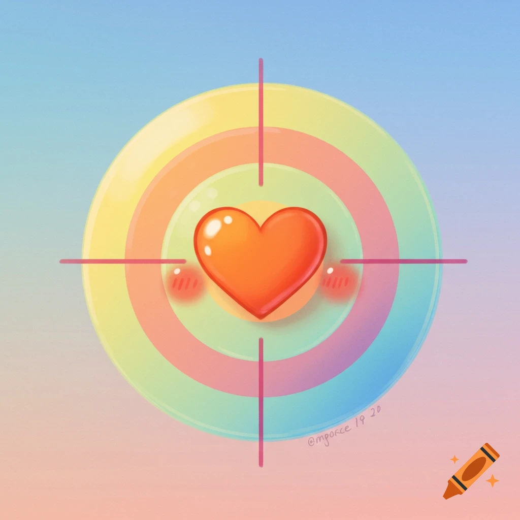 A cute red heart is centered in a colorful rainbow target with a watermark.