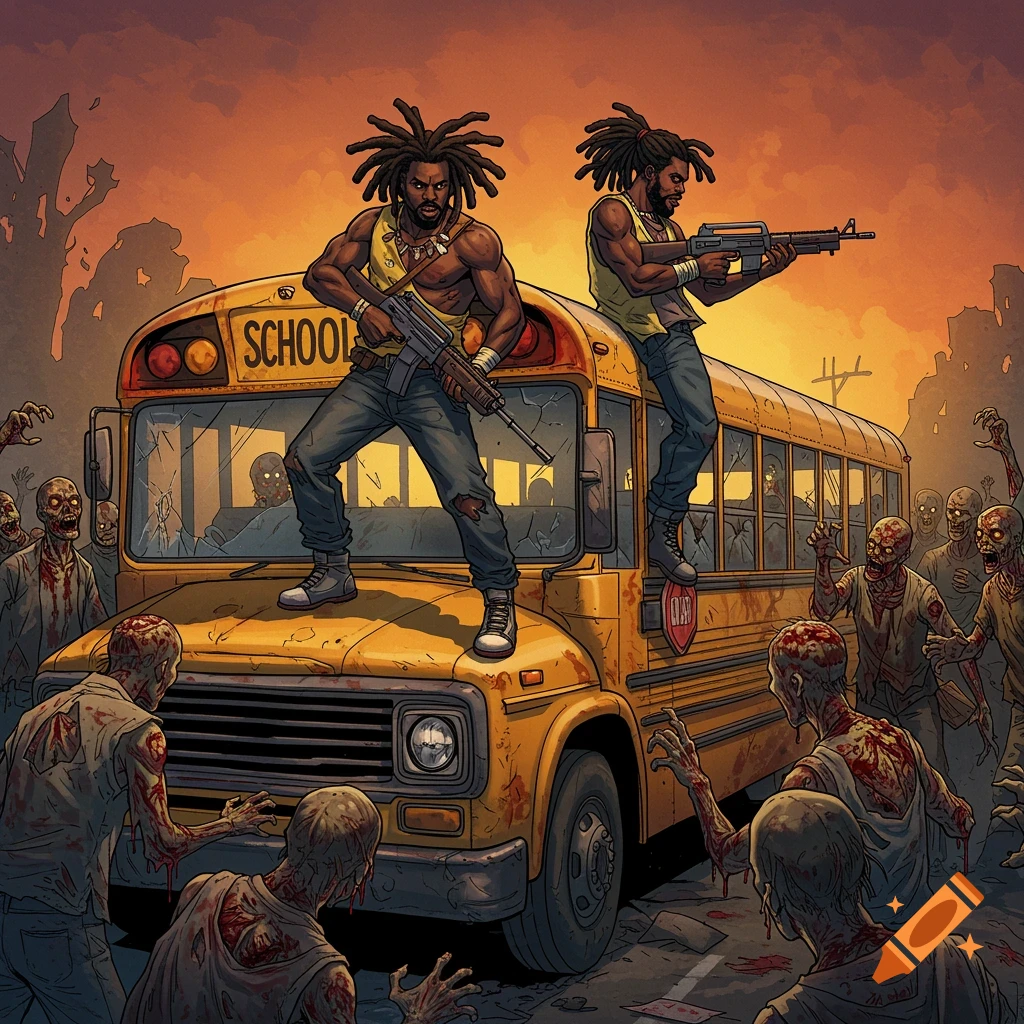 Comic book illustration of two men with guns on a school bus fighting a horde of zombies.