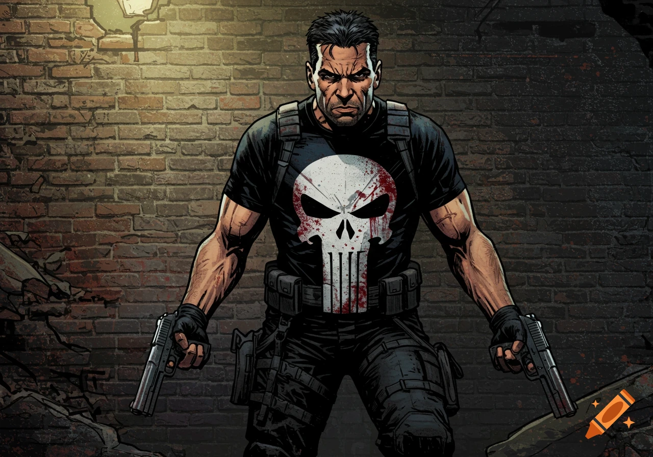 The Punisher character in a comic book style holding two handguns against a brick wall.