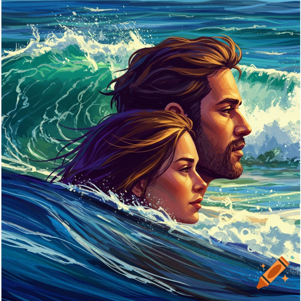A man and woman's profiles emerging from swirling ocean waves.