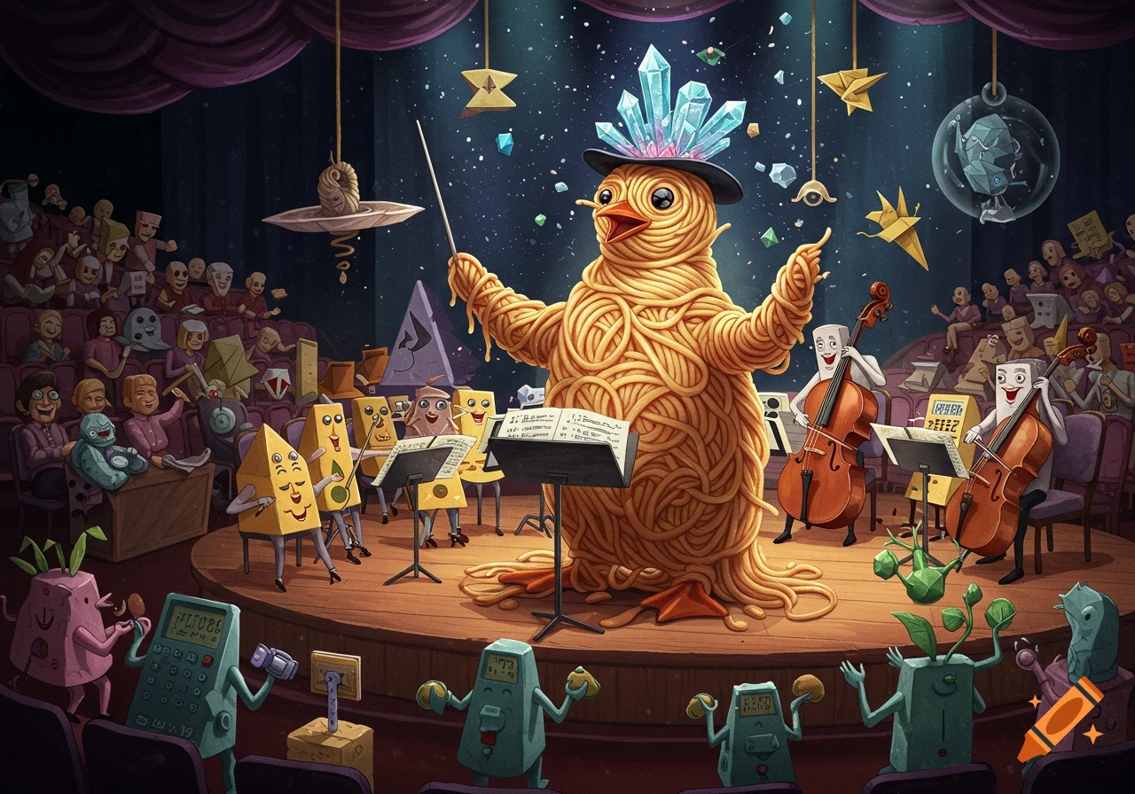 Surreal image of a spaghetti penguin conducting an orchestra of geometric shapes with an audience of calculators and plants.