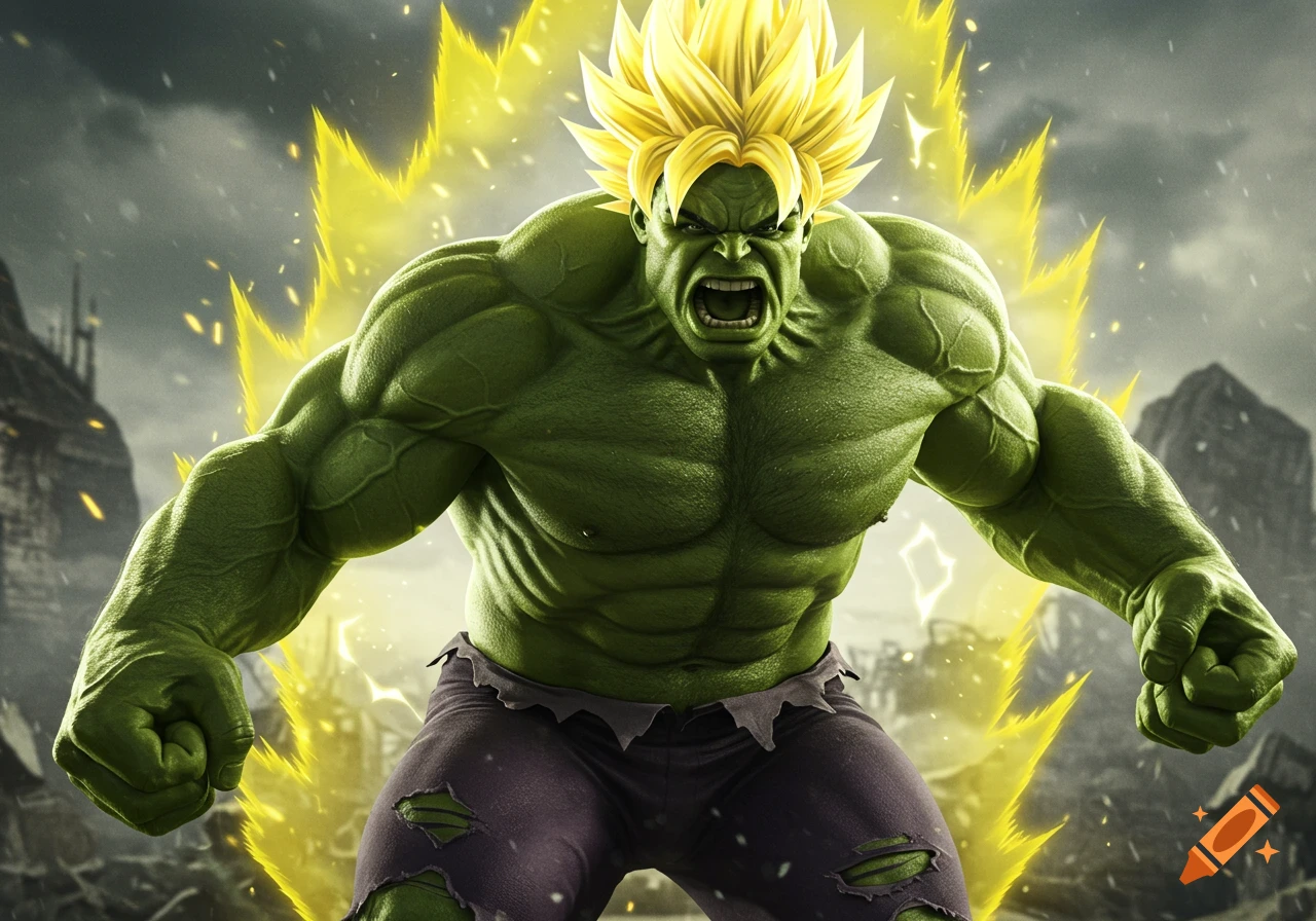 A muscular green figure with spiky yellow hair roars amidst yellow energy, like a mashup of Hulk and Super Saiyan Goku.