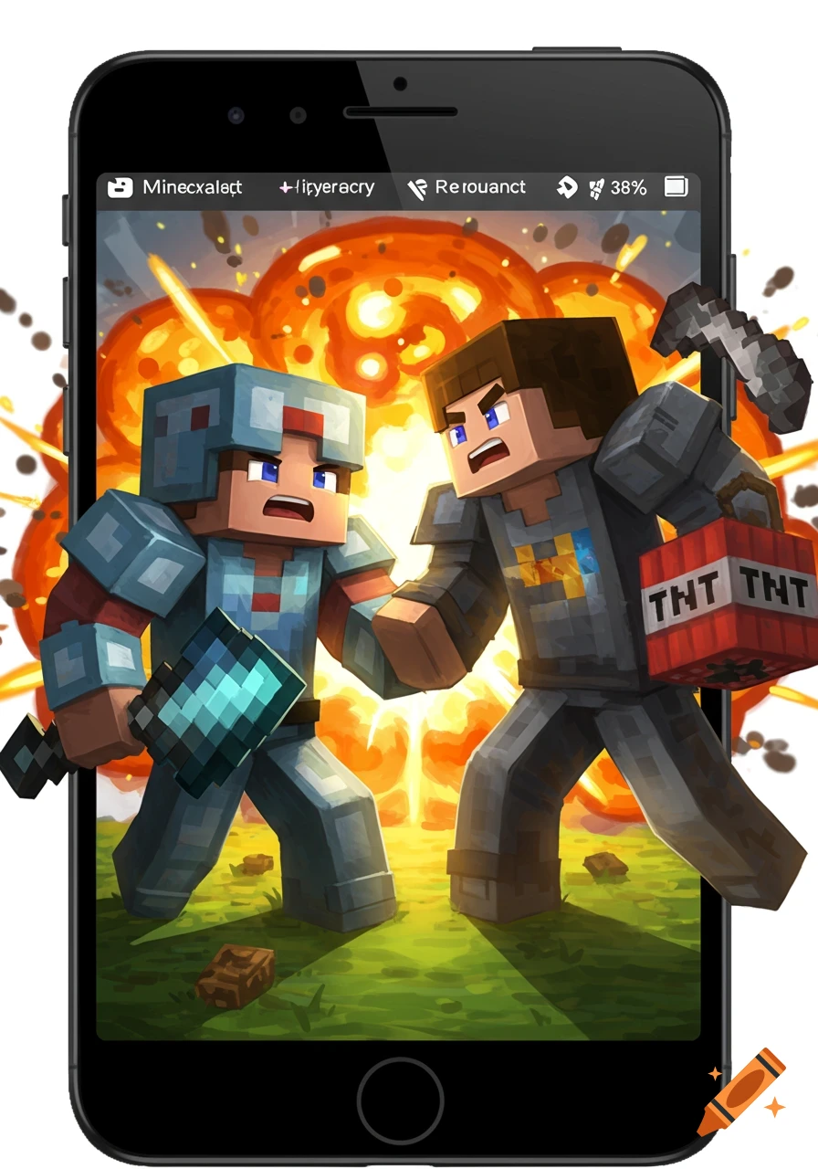 Minecraft characters fighting in diamond and iron armor with weapons and TNT on a phone screen with an explosion background in cartoon style.
