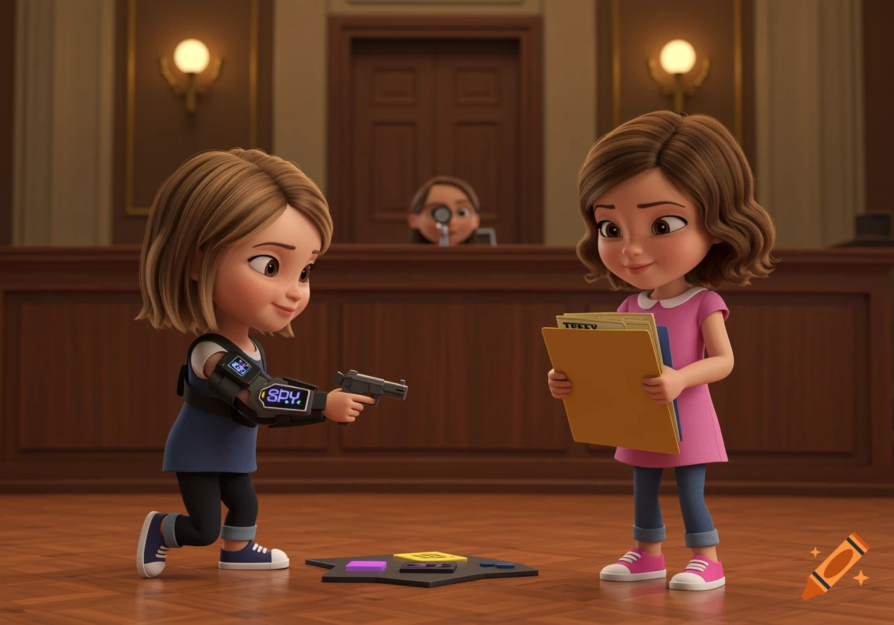Two cartoon girls play spy in a courtroom, one holding a folder, the other a toy gun.
