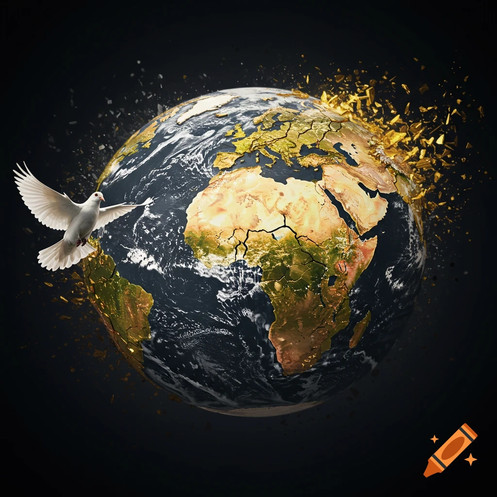 A white dove flies past a fractured globe of Earth, with gold filling the cracks, against a dark background.