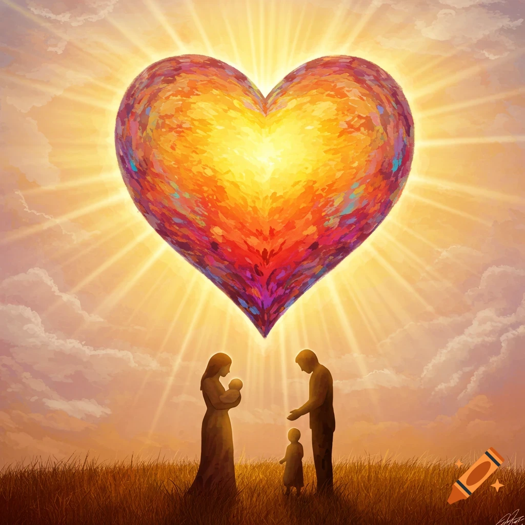 A family silhouette stands in a field under a radiating, textured heart.