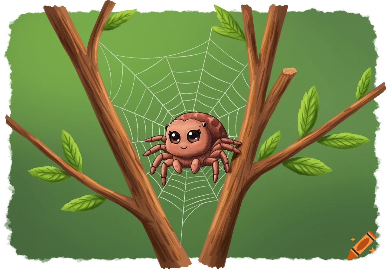 A cute cartoon spider with large eyes sits in its web between two tree branches on a green background.