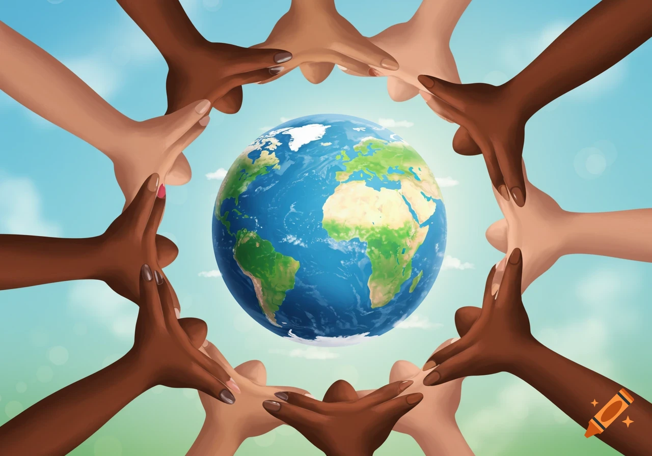 Diverse hands forming a circle around the Earth.