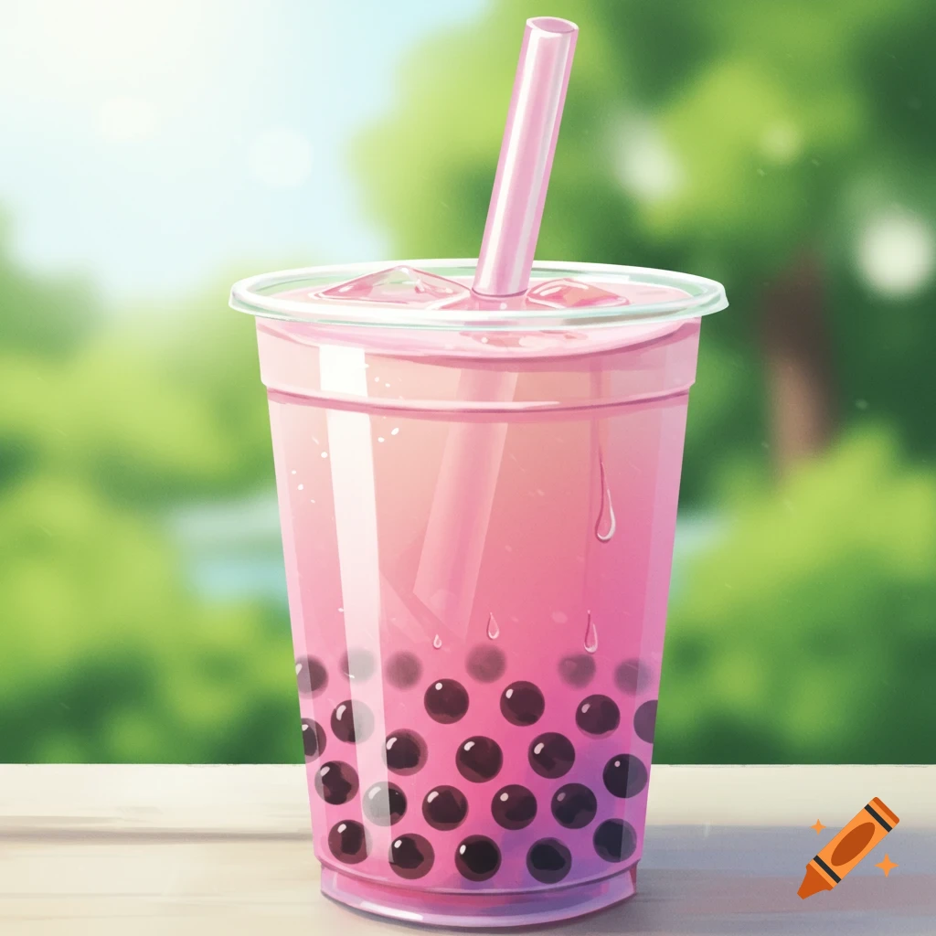 A pink bubble tea with dark pearls and a straw on a wooden surface.