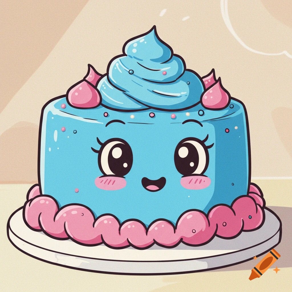 A cute cartoon blue cake with pink frosting and sprinkles on a plate.