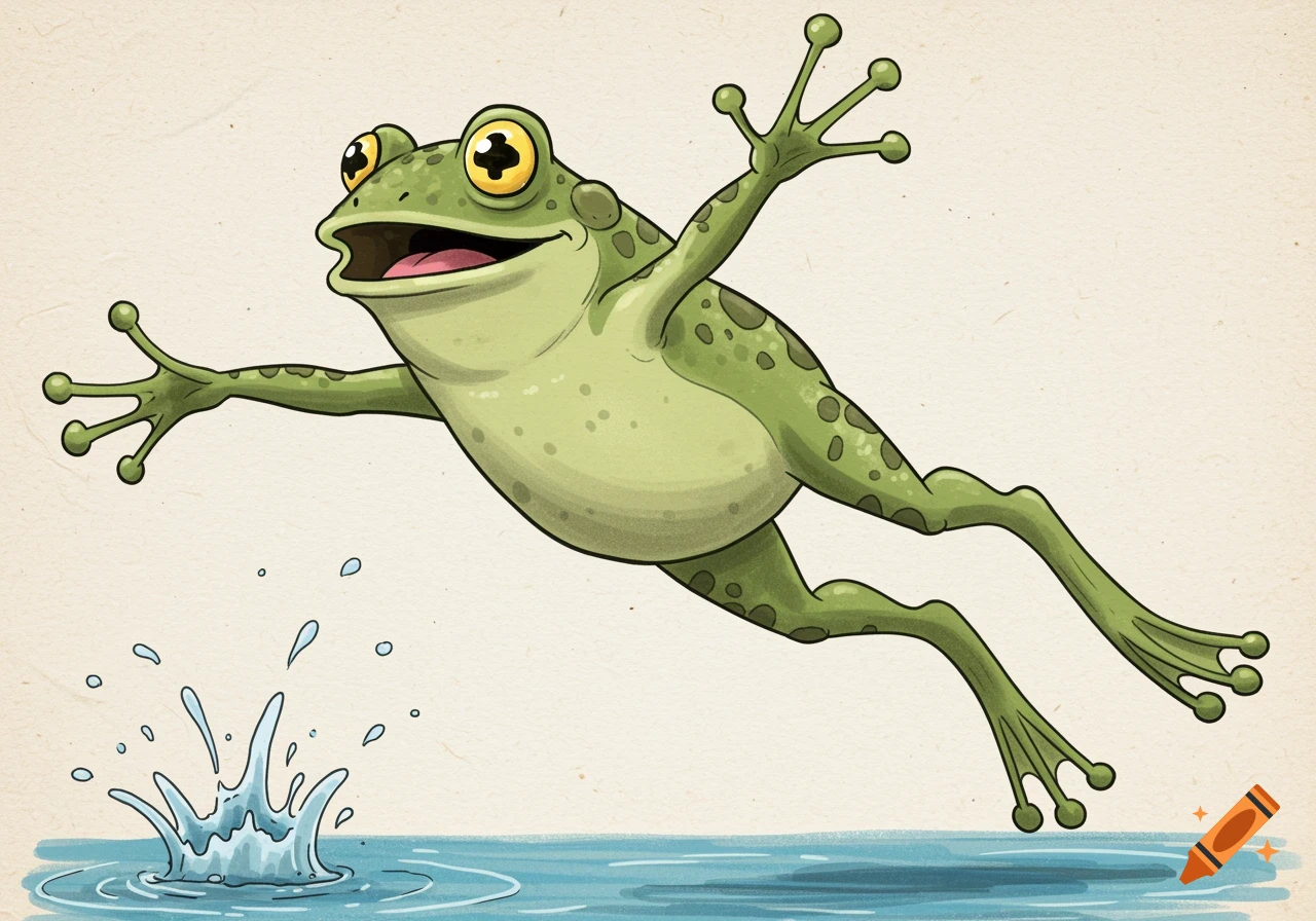 Cartoon illustration of a happy green frog jumping into blue water with a splash.