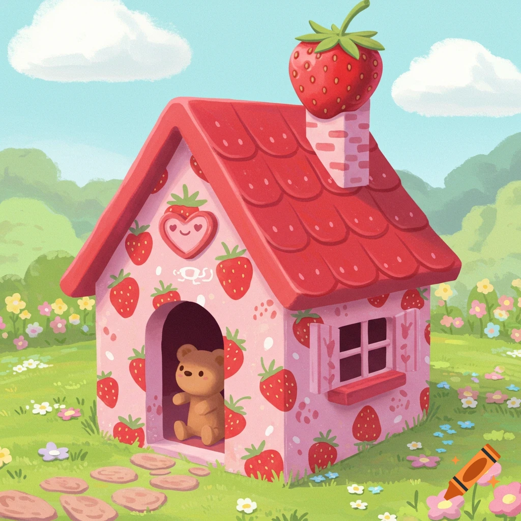 A cute pink house decorated with strawberries sits in a field of flowers, with a teddy bear in the doorway.