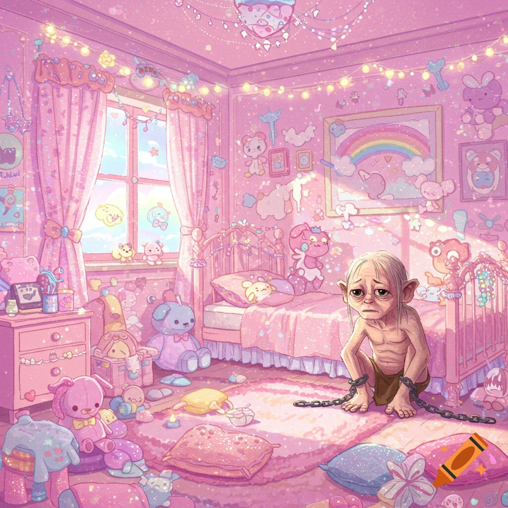 Gollum chained in a pink, kawaii bedroom filled with stuffed animals.