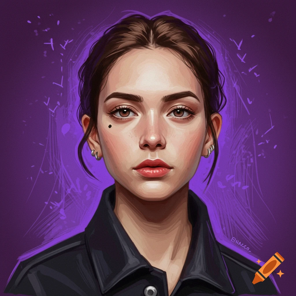 A close-up portrait of a young woman with brown hair wearing a black jacket against a purple background.