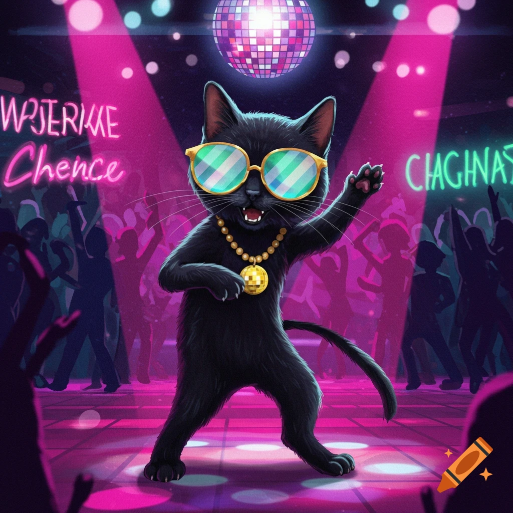 A black cat in sunglasses and gold chain dances under disco lights in a club.