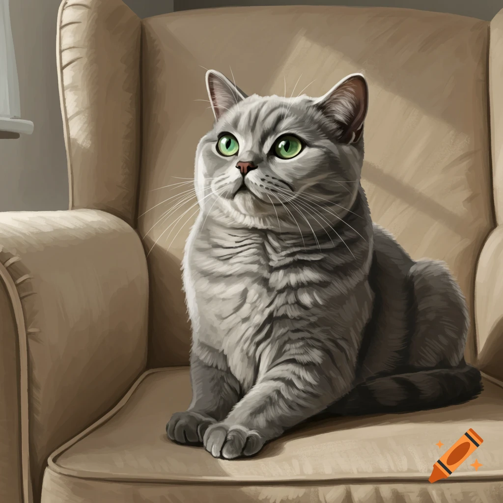 A grey British Shorthair cat with green eyes sitting in a tan armchair.