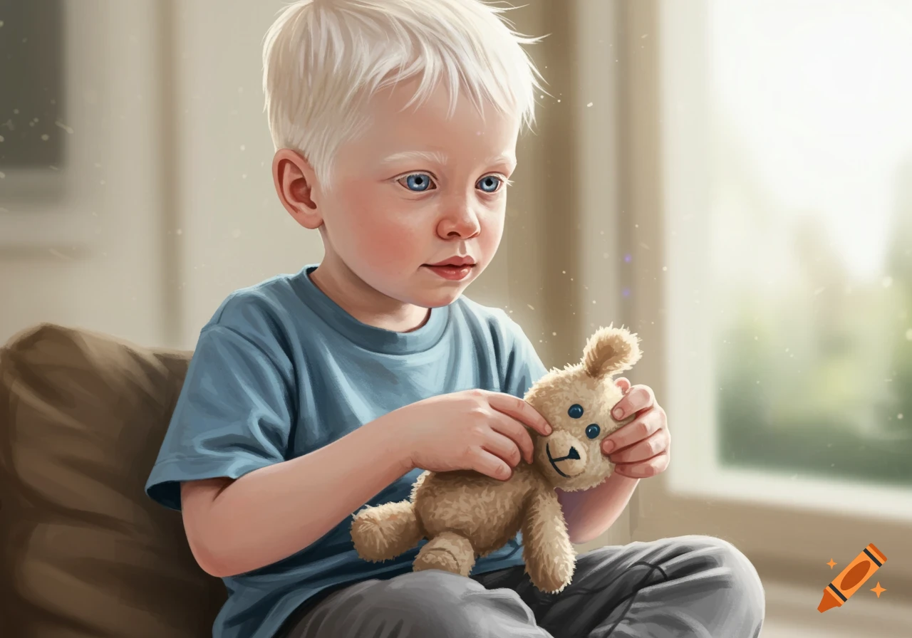 A young child with blonde hair and blue eyes is holding a teddy bear.