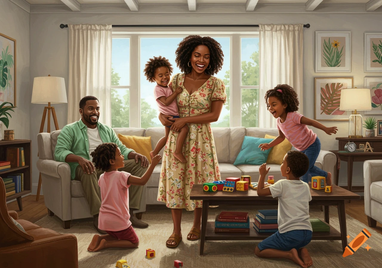 Happy African American family playing in a bright living room.