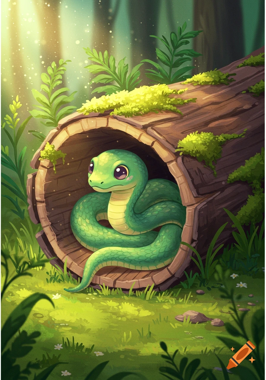 A cute green cartoon snake peers out from a hollow log in a forest setting.