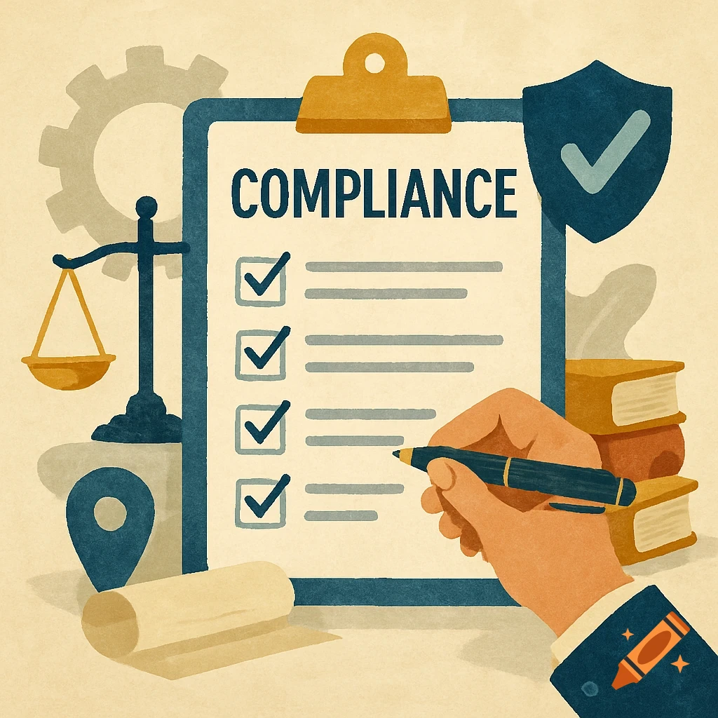 A hand checking off a compliance checklist with symbols of law and business.
