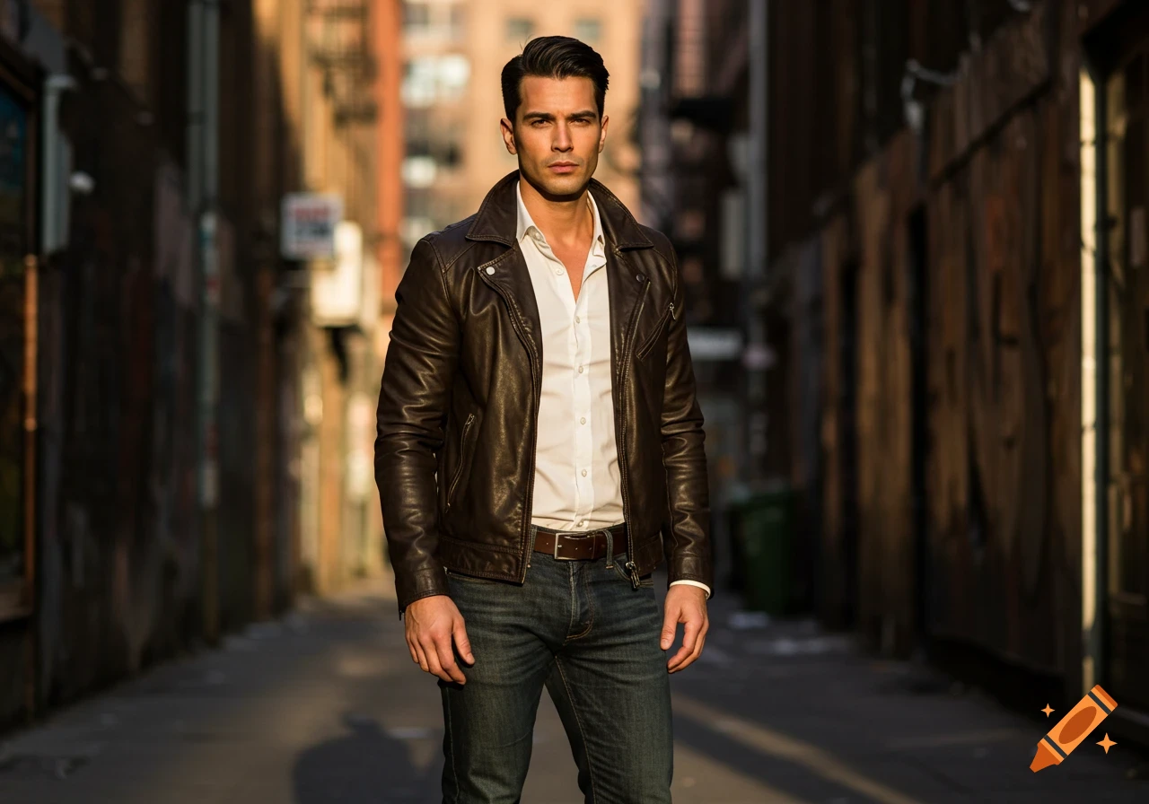 A man in a brown leather jacket and jeans stands in an alley at sunset.