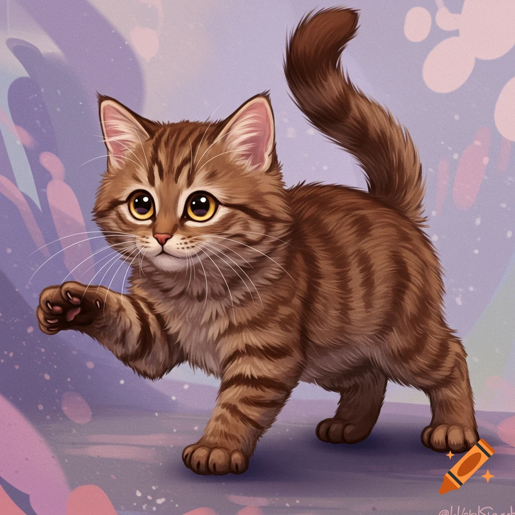 A brown tabby kitten with gold eyes is lifting its paw.