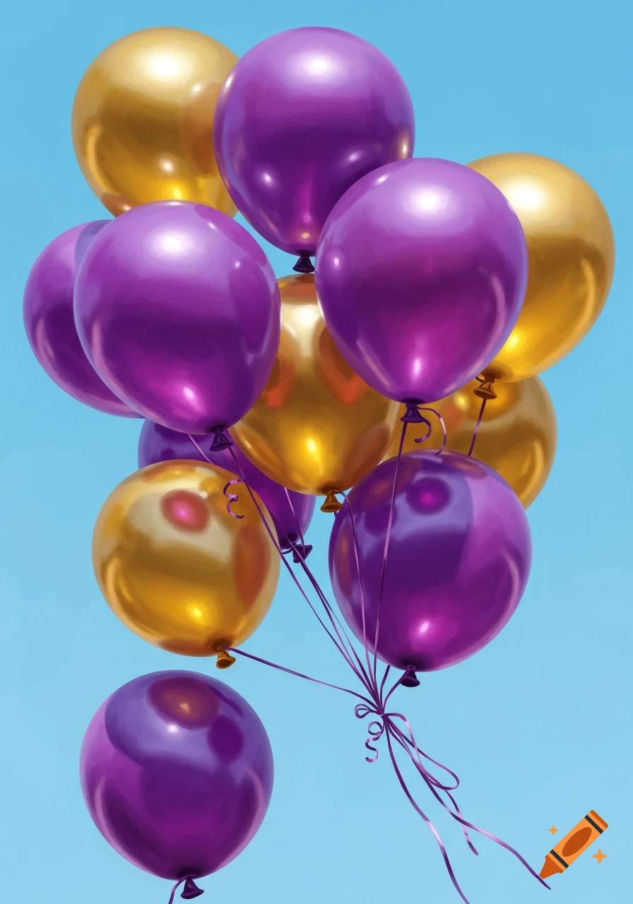 Gold and purple balloons against a blue sky.