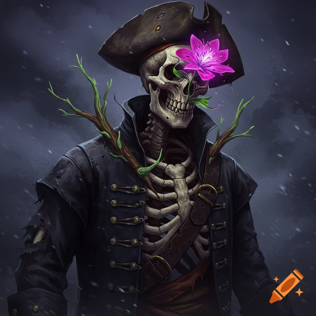 Skeleton pirate with a flower in its eye, bark growing from ribs, wearing a black coat and hat.