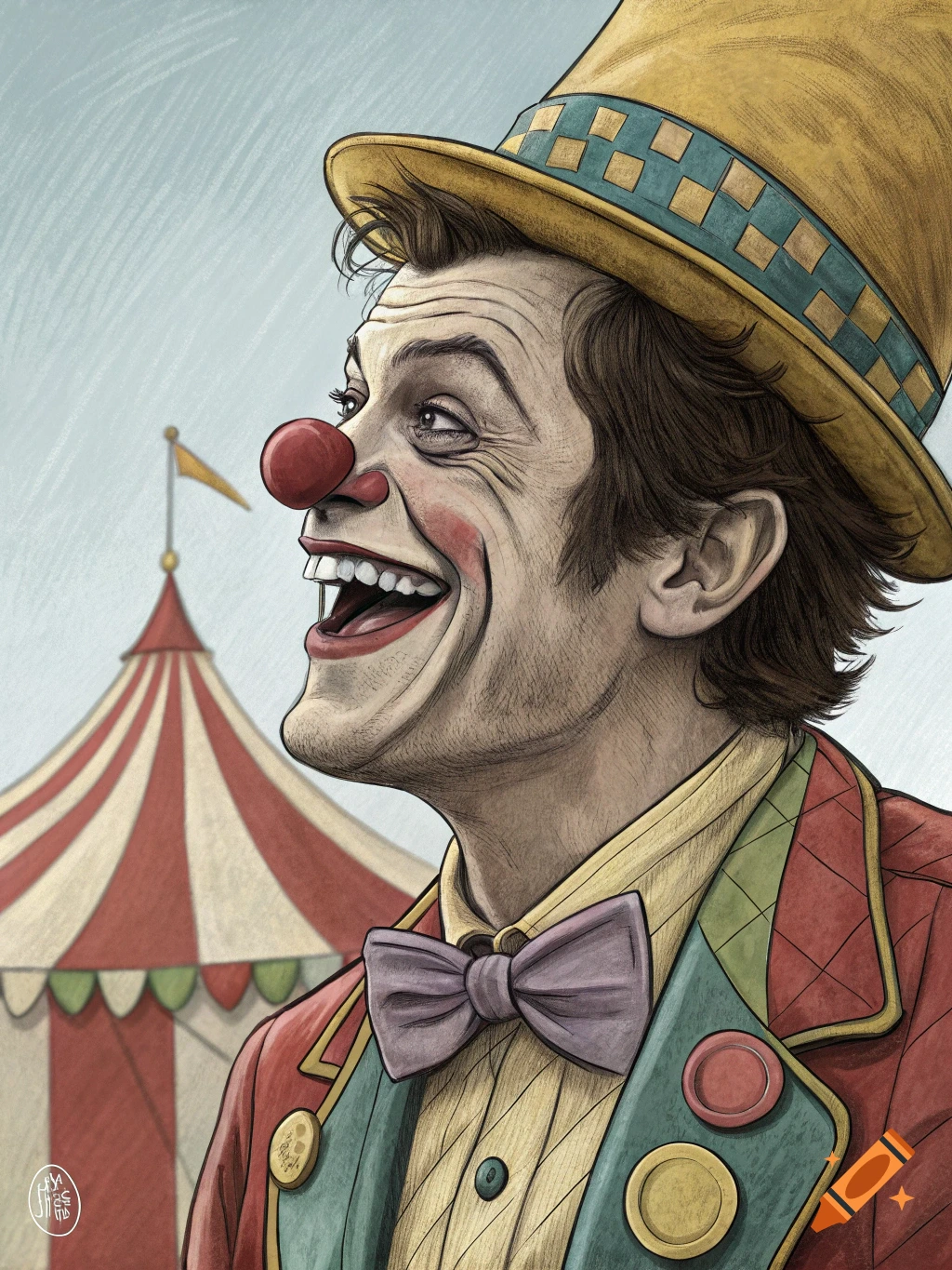 Stylized illustration of a laughing clown wearing a tall hat and bowtie, with a circus tent in the background.