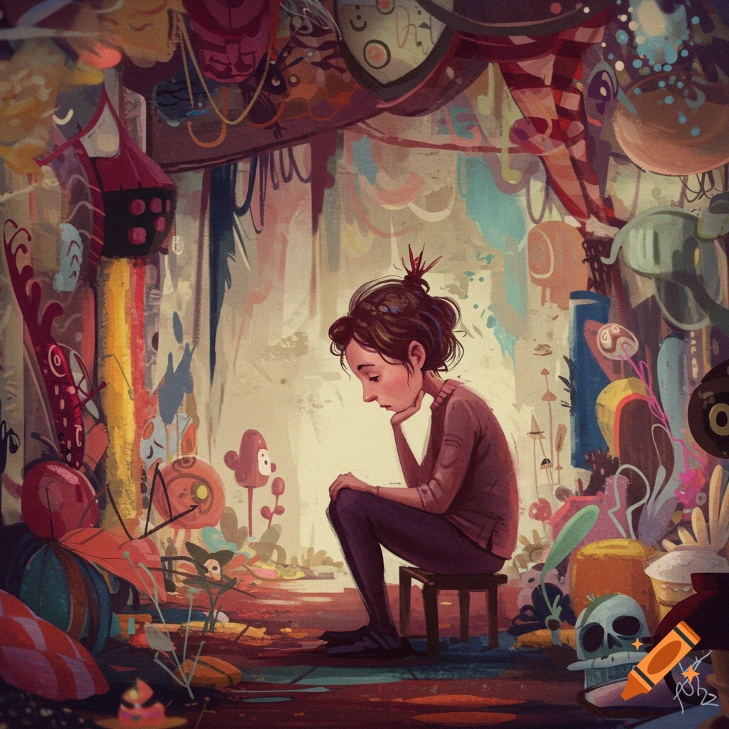 A person is sitting on a stool in a cluttered room filled with colorful, abstract shapes.