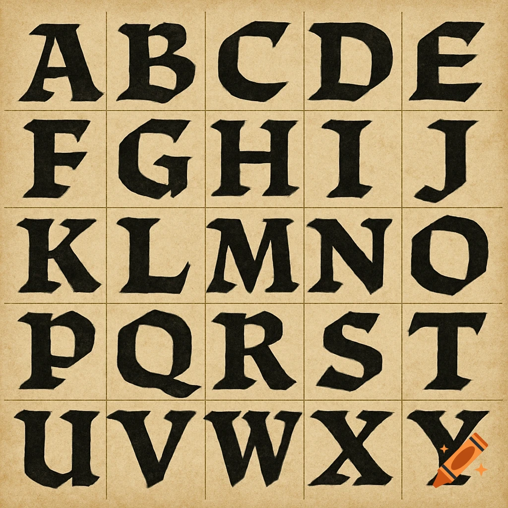 Bold ancient uppercase alphabet letters A through Y in a grid on textured paper.