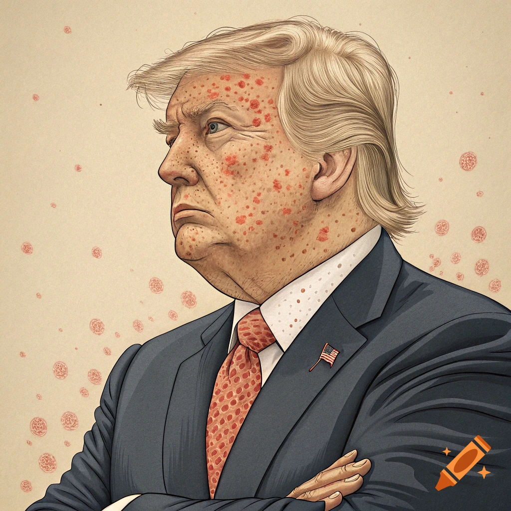 Illustration of Donald Trump shown in profile with red spots on his face.