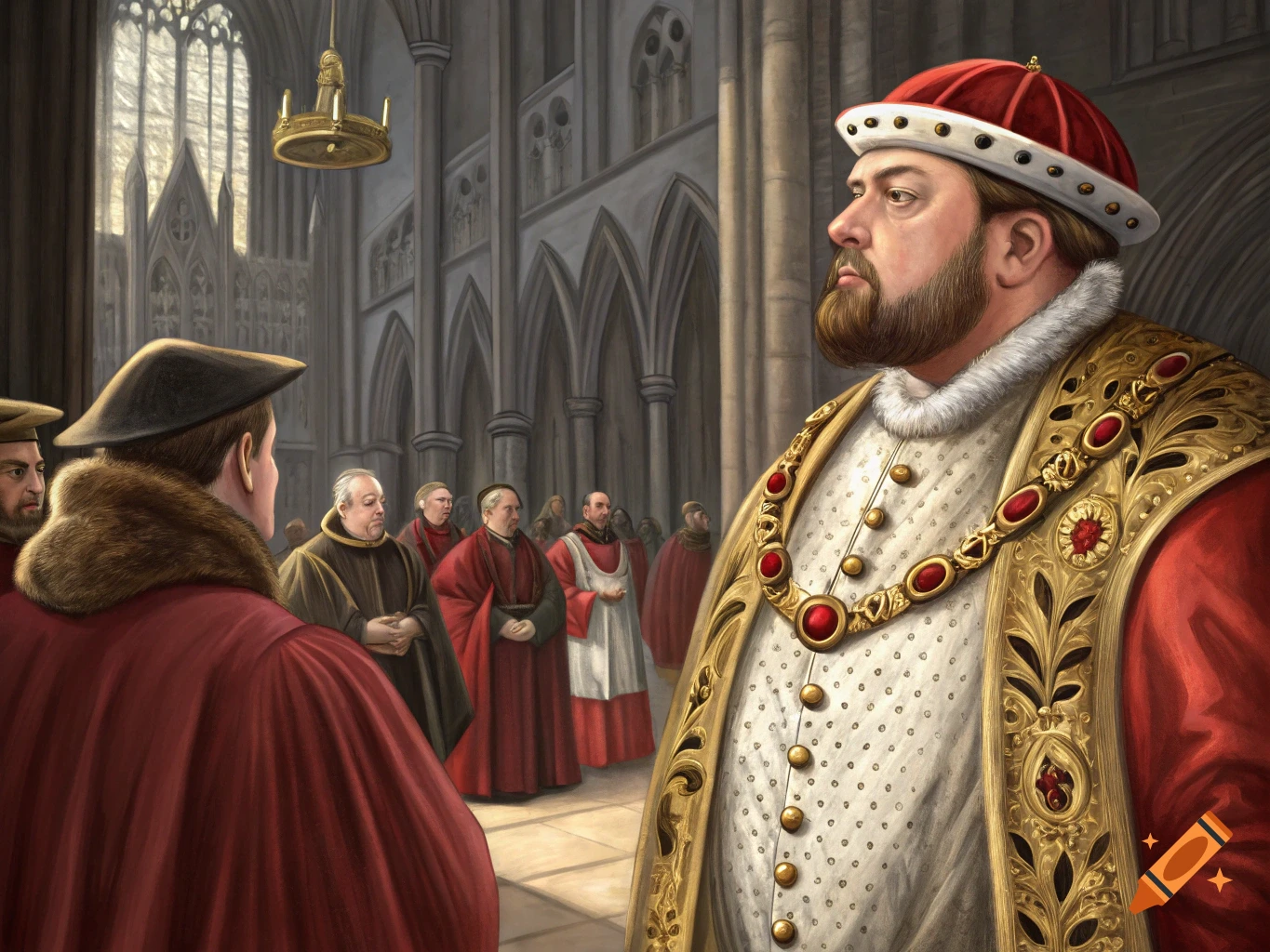 Portrait illustration of Henry VIII in elaborate robes standing in a cathedral, facing away from a group of clergymen.