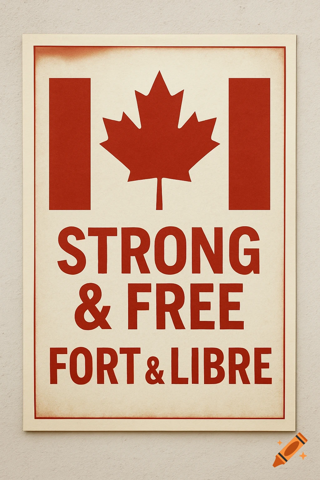 Poster with Canadian flag and the words Strong & Free Fort & Libre